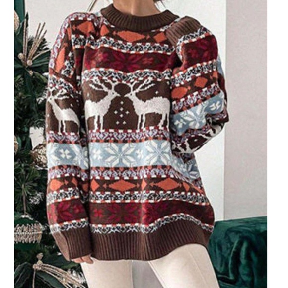 Cozy Christmas Holiday Print Oversized Sweater Top - Picture 2 of 4